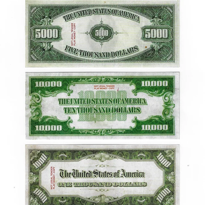 Fake Prop Play Money USA $1,000-5,000-10,000 X20ea. BILLS. (1934) - Image 5