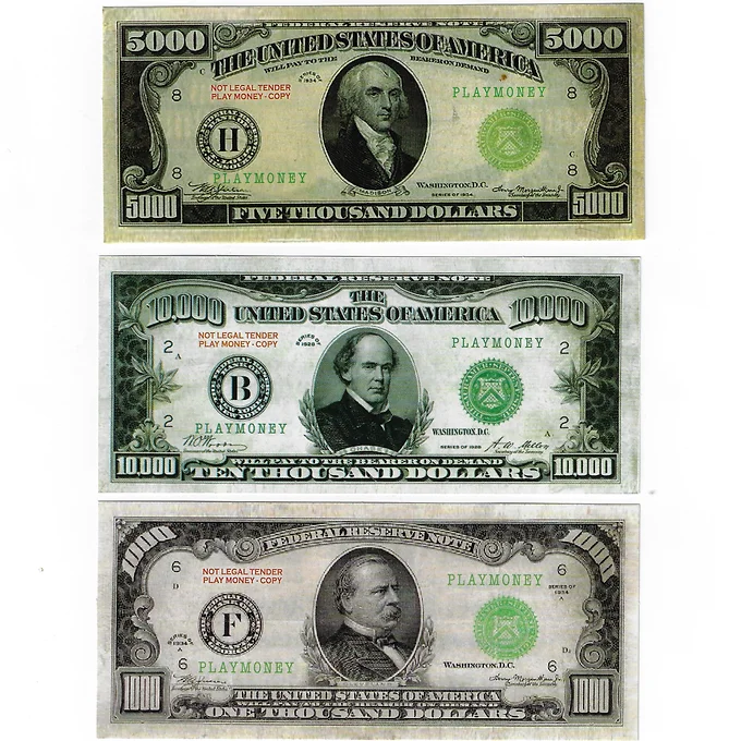 Fake Prop Play Money USA $1,000-5,000-10,000 X20ea. BILLS. (1934)