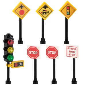 Building Bricks City Traffic Street Signs Set of 7 – Stop Signs, Traffic Light, Bus Stop, Custom Accessories