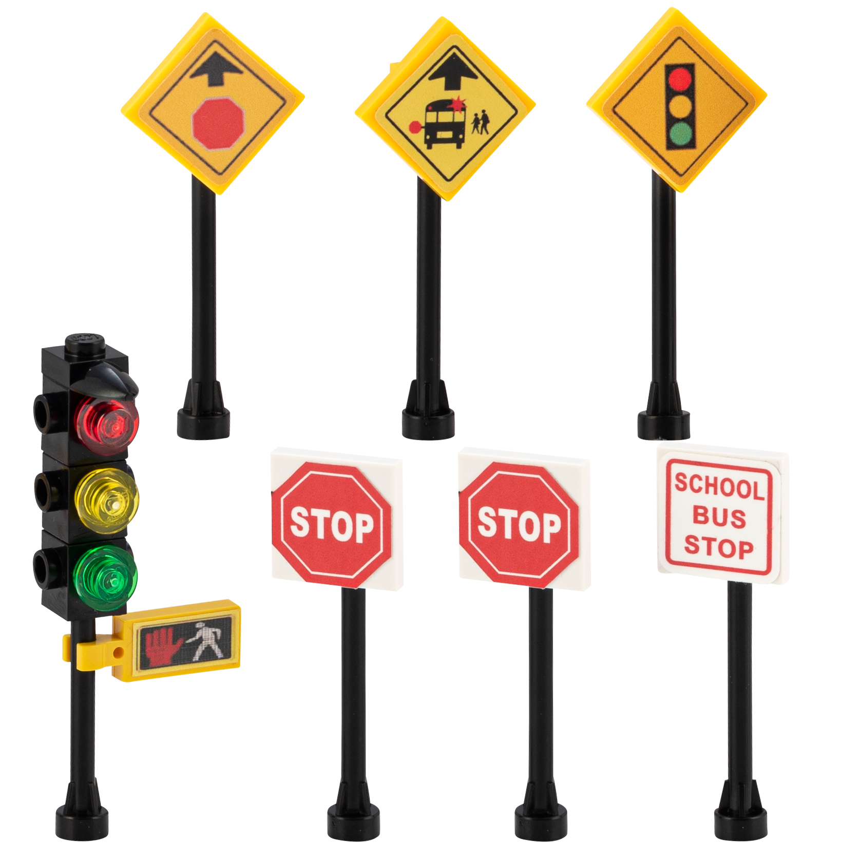 Building Bricks City Traffic Street Signs Set of 7 β Stop Signs, Traffic Light, Bus Stop, Custom Accessories